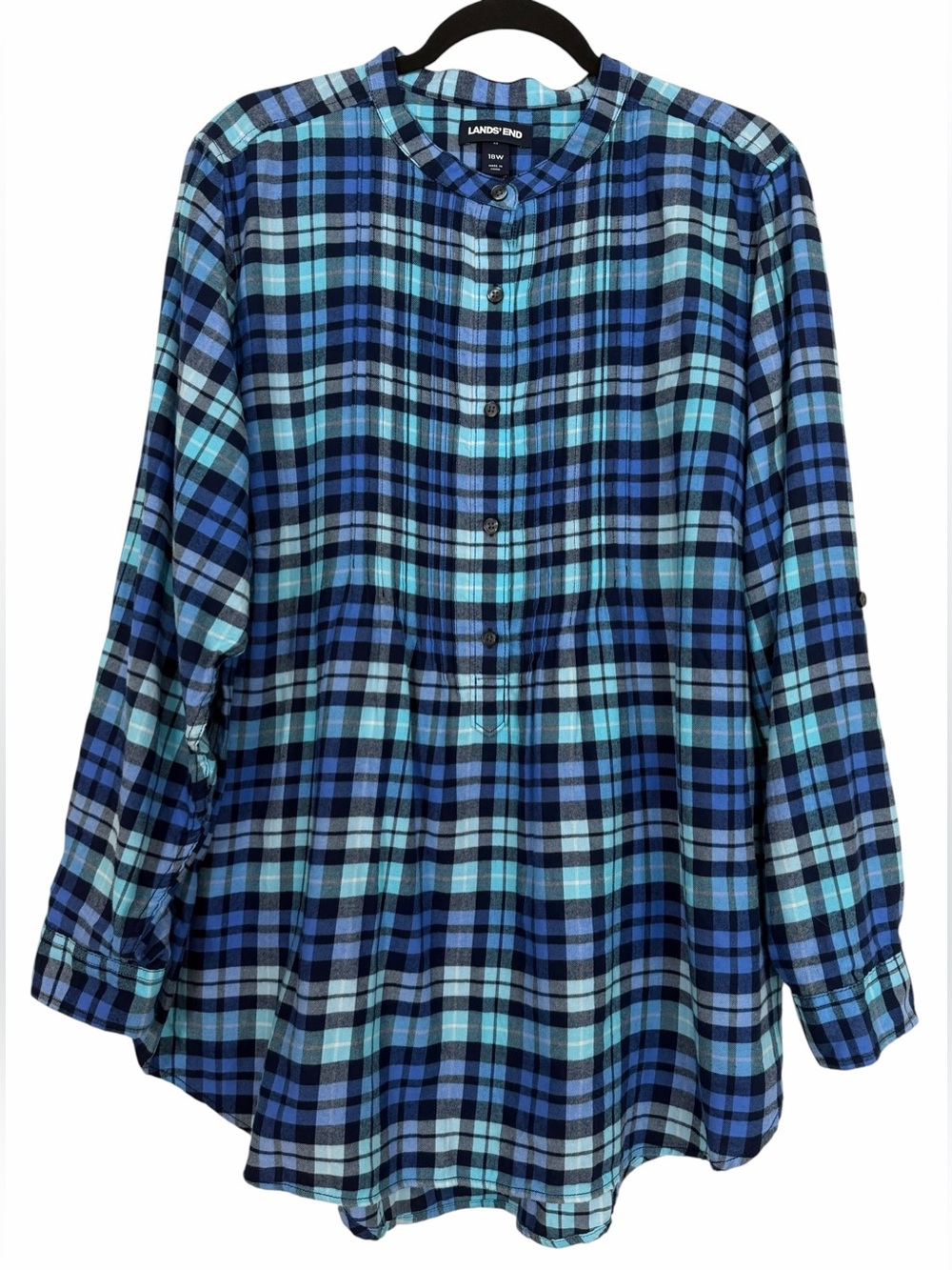 Lands’ End Women’s Long Sleeve Pleated Plaid Flannel Shirt Tunic Blue 18W